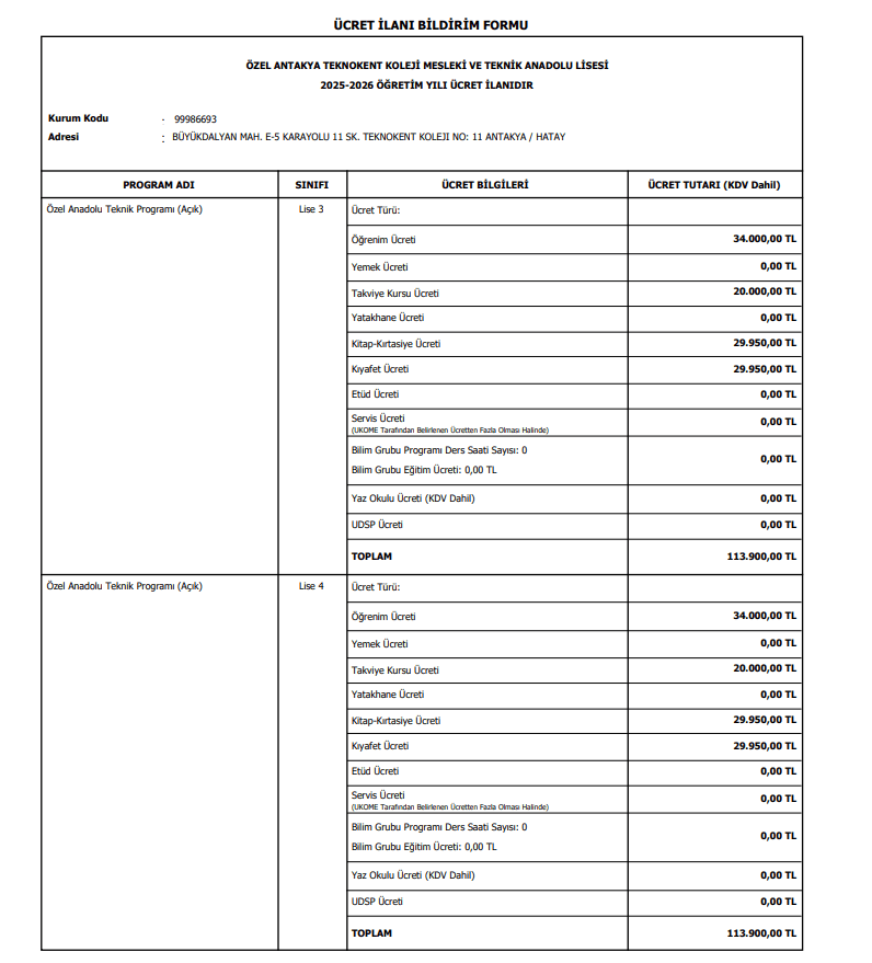 2025-2026 ELEKTRİK-ELEKTRONİK ALANI 11. ve 12. SINIF ÜCRET İLANI