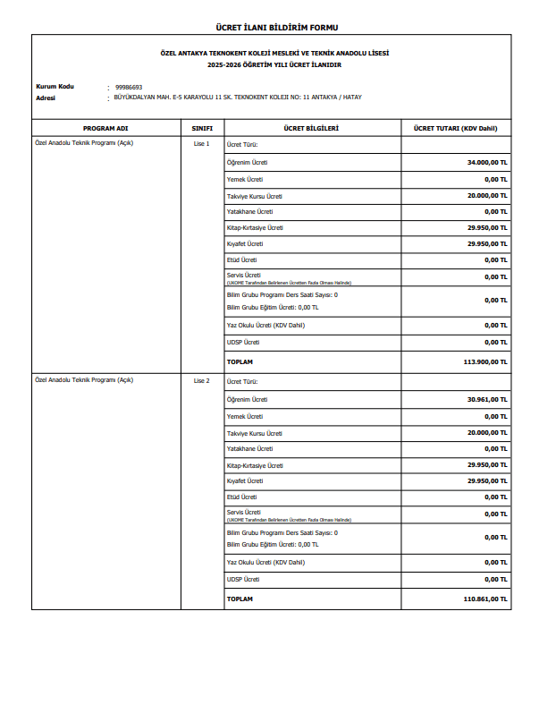 2025- 2026 EĞİTİM ÖĞRETİM YILI ÜCRET İLANI ELEKTRİK-ELEKTRONİK