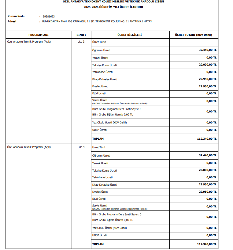 2025-2026 ENDÜSTRİYEL OTOMASYON ALANI 11. ve 12. SINIF ÜCRET İLANI
